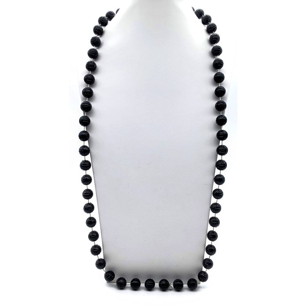 Basic Black Beaded Necklace Vintage Strand Striped Lucite Beads, Flapper Length